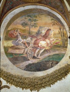 Scena che mostra che coloro nati sotto il segno dello Scorpione in congiunzione con la costellazione del Centauro saranno abili nella guida dei cavalli, simboleggiata da un auriga, dalla Camera dei Venti da Giulio Romano